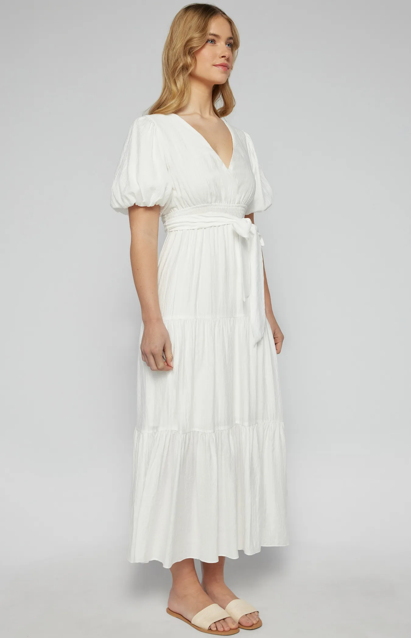 Textured Bubble Sleeve Maxi Dress with Tiered Hem (SDR1253A)