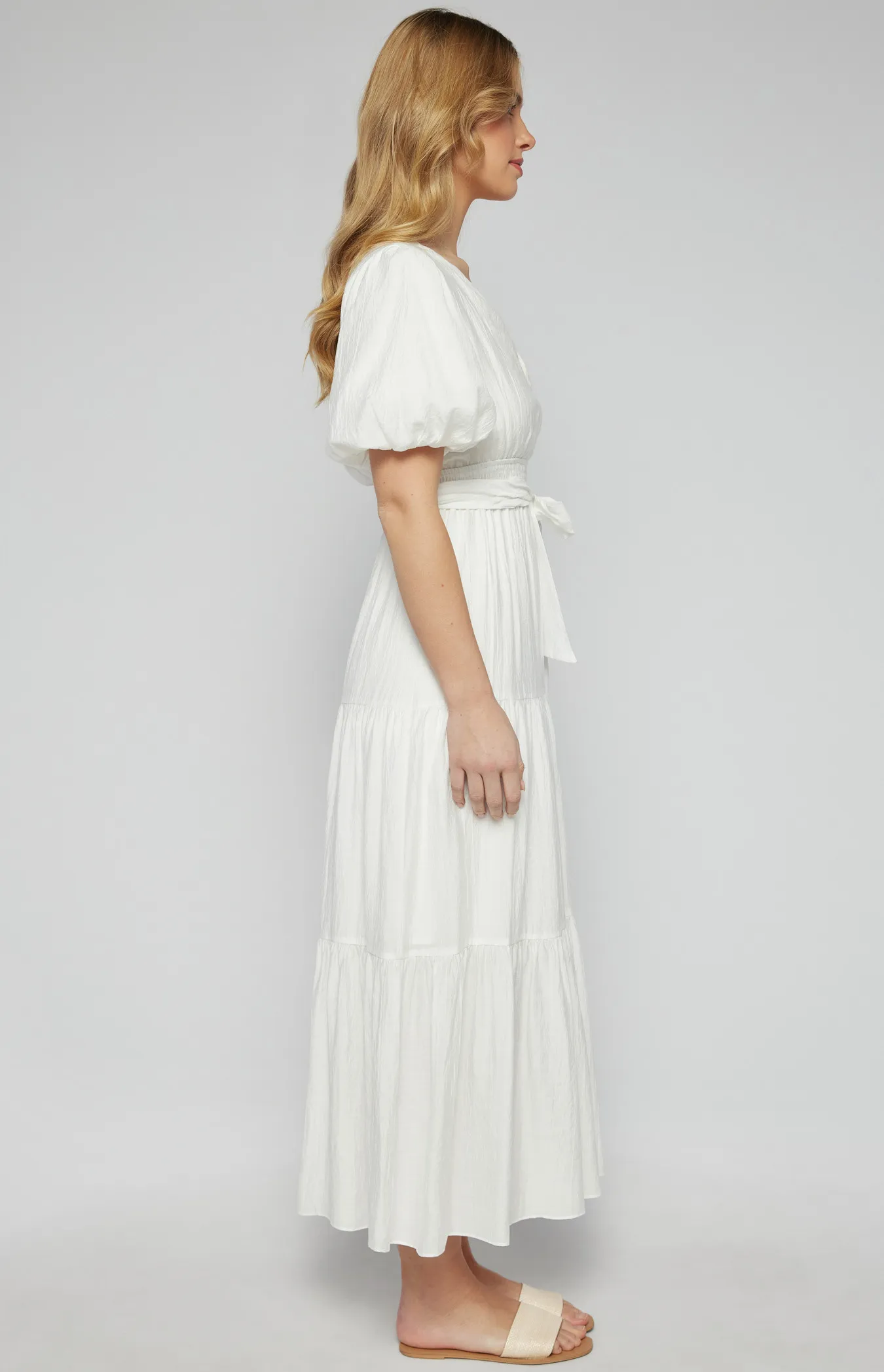 Textured Bubble Sleeve Maxi Dress with Tiered Hem (SDR1253A)