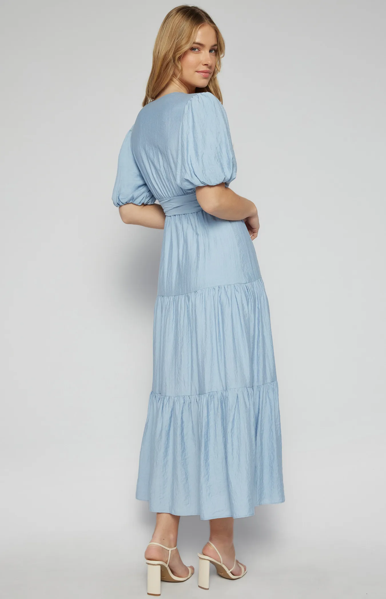 Textured Bubble Sleeve Maxi Dress with Tiered Hem (SDR1253A)