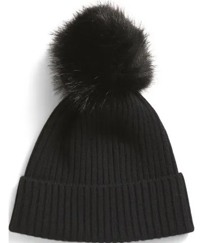 Tj Maxx Merino Wool And Cashmere Blend Ribbed Hat With Pom Pom