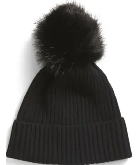 Tj Maxx Merino Wool And Cashmere Blend Ribbed Hat With Pom Pom