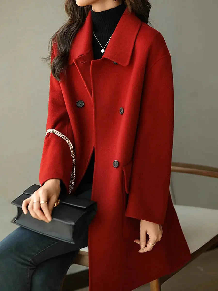 Trendy Windproof Women's Long Coat with Pockets in Black, Red, or Camel