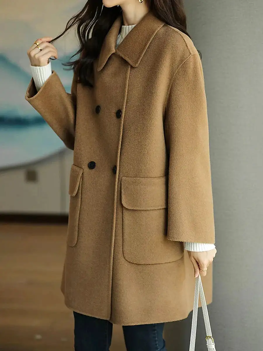 Trendy Windproof Women's Long Coat with Pockets in Black, Red, or Camel