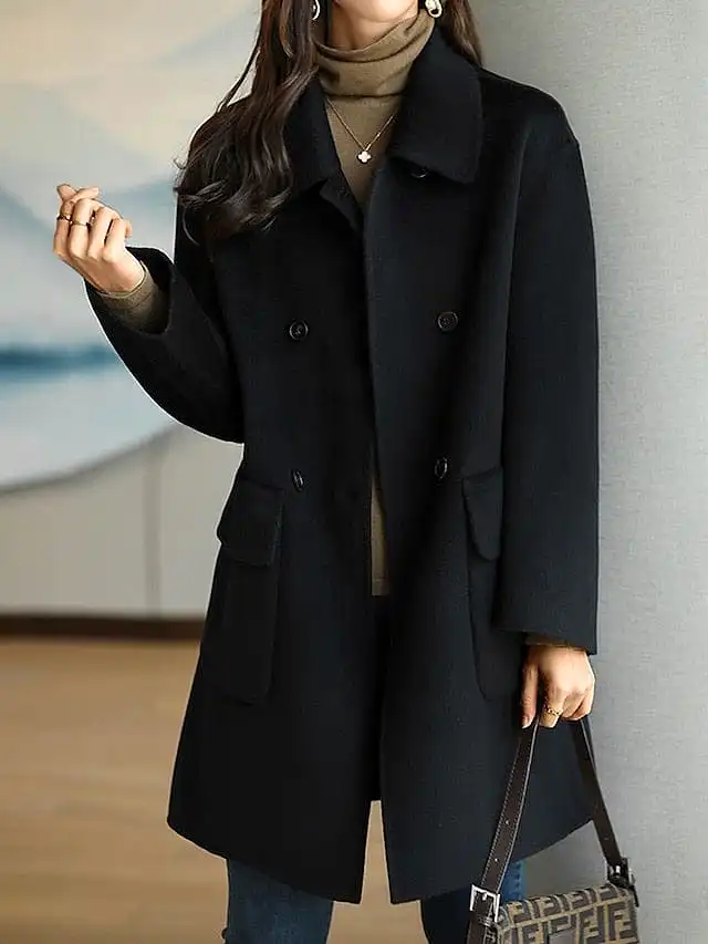 Trendy Windproof Women's Long Coat with Pockets in Black, Red, or Camel