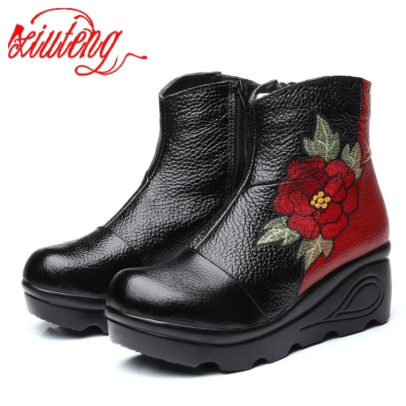 Winter Embroidery Shoes Woman Outdoor Western Flat Heels Female Platform Boot