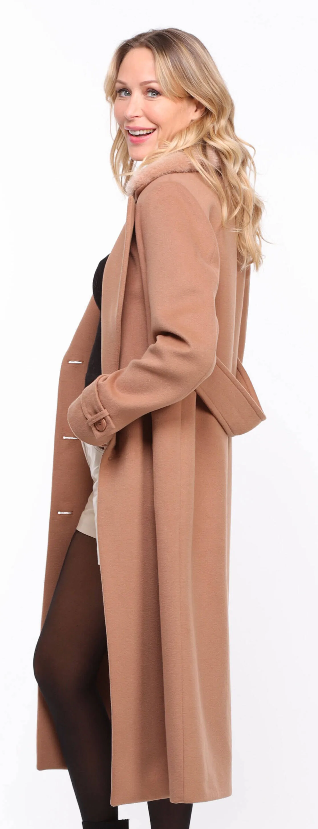 Women's taupe \synthia\ mink collar fabric coat