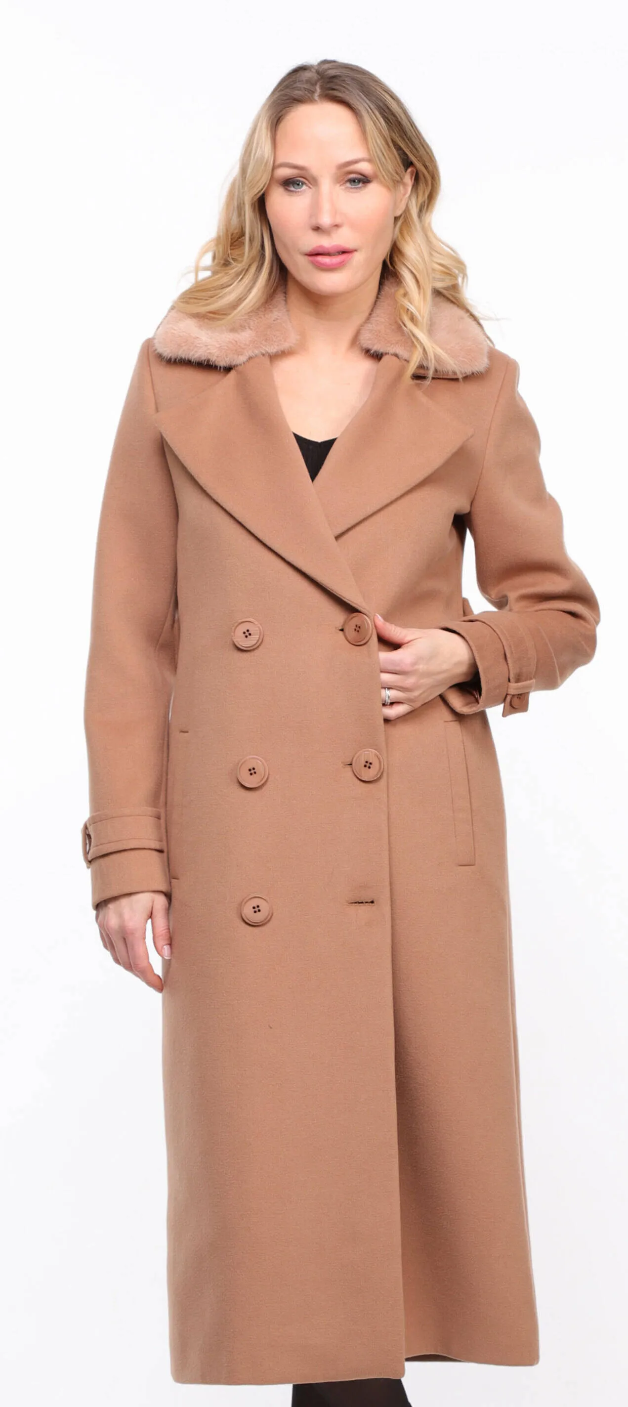 Women's taupe \synthia\ mink collar fabric coat